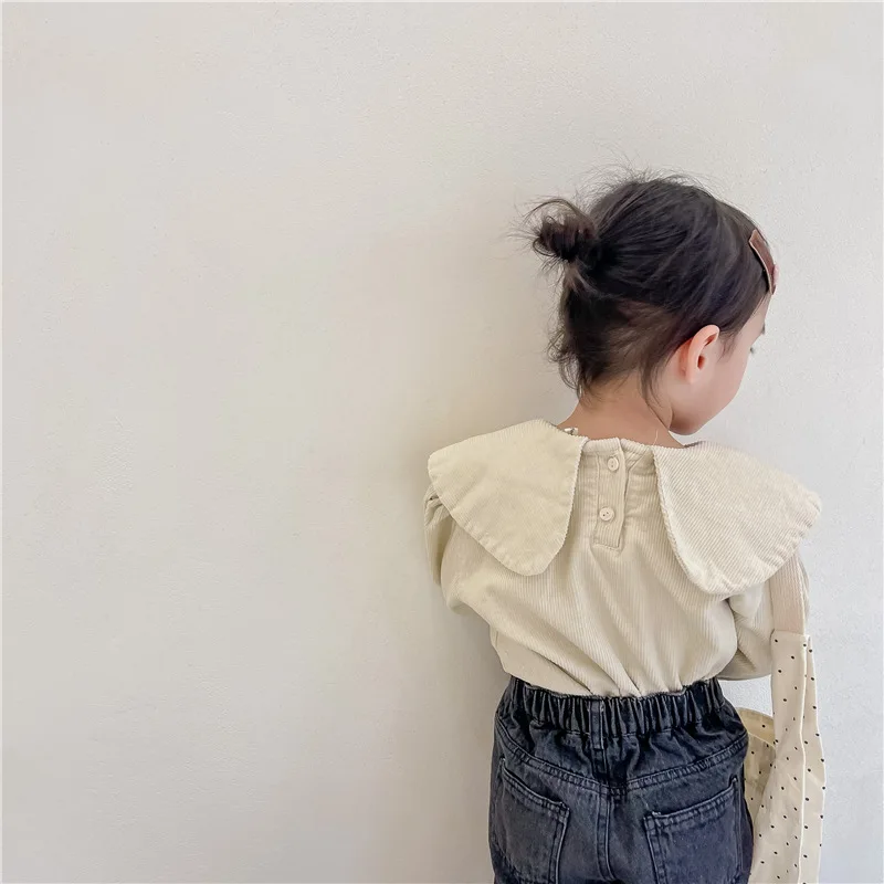 Meninas camisa 2025 outono novas roupas infantis estilo coreano meninas bebê bordado manga bolha camisa de veludo casual simples