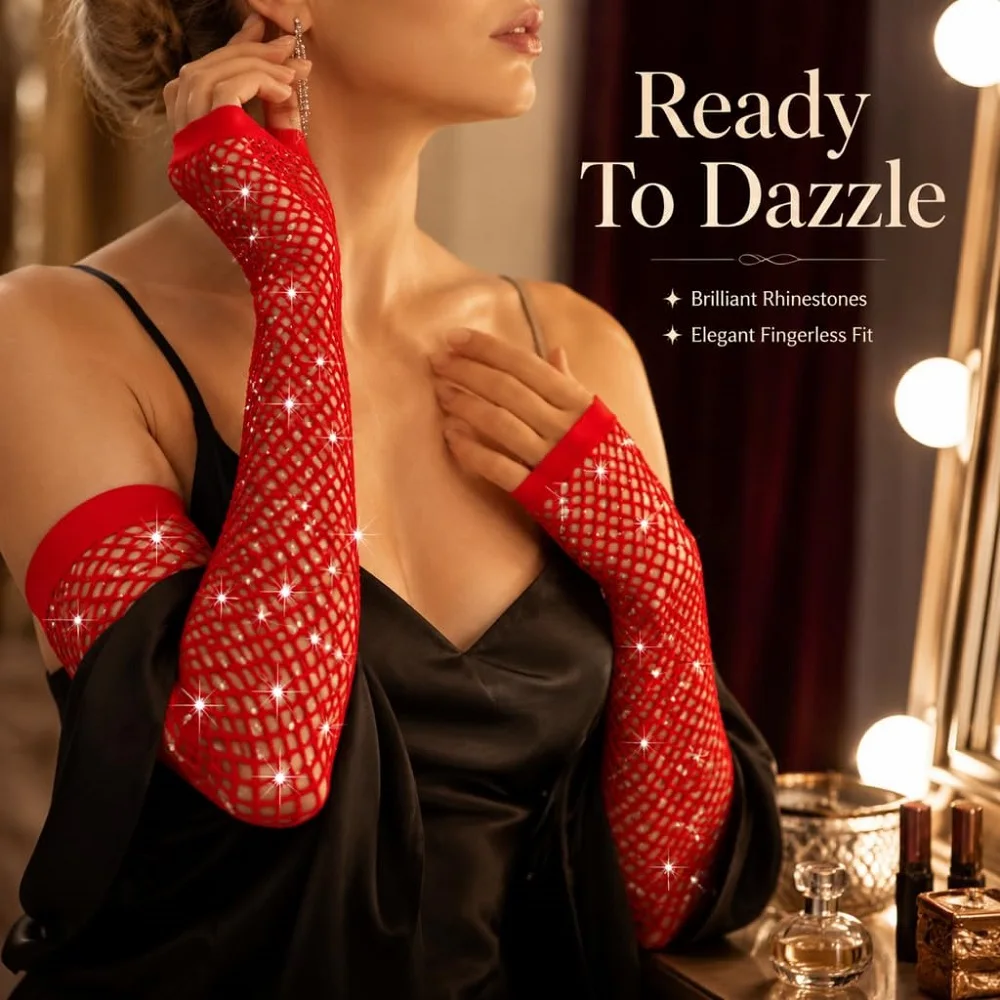 1 Pair Long Fishnet Fingerless Gloves 80’s Theme Party with Rhinestones Mesh Gloves for Women Girls Cosplay, Performance