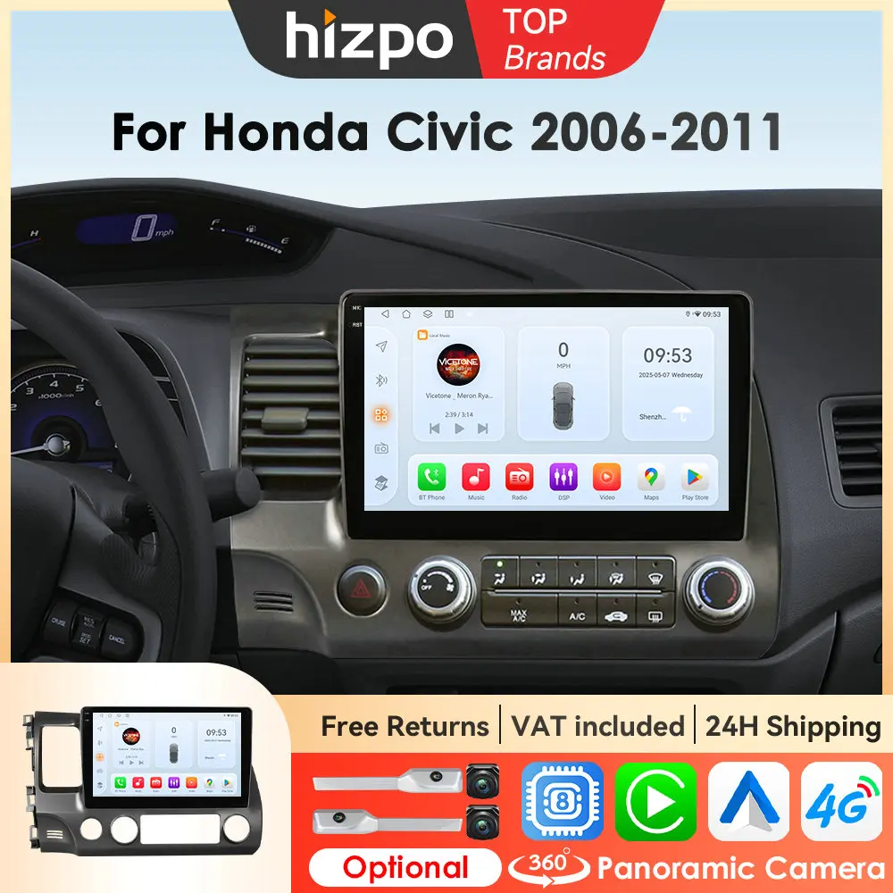 Hizpo AI Stimme 2 Din Android 14 Auto Radio Für Honda Civic 2006-2011 Multimedia Video Player Autoradio Carplay GPS 4G WIFI 8 Core
