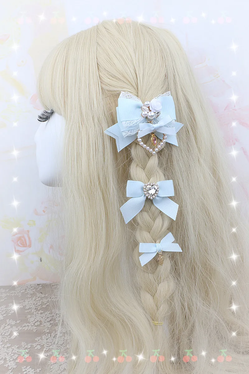 3er-Set Haarschleifen in Pastelltönen für Mädchen, Y2K, romantische Blumen, Strasssteine, Haarspangen für Frauen, trendige, verträumte Lolita-Haarnadeln