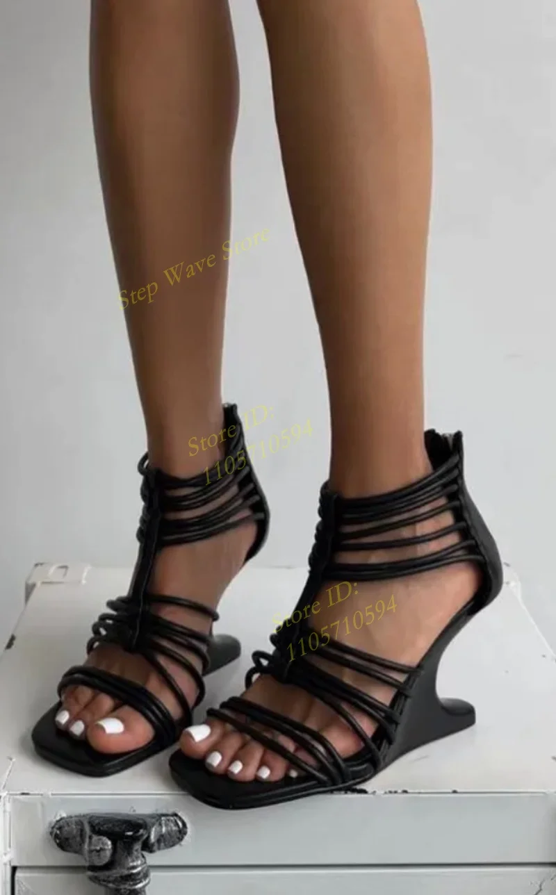Black Narrow Strap Sandals Strange Style Square Toe Back Zip Runway 2026 Summer Women Dress Shoes Handmade New Arrivals image 2