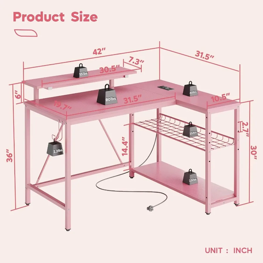 مكتب كمبيوتر وردي مع منافذ طاقة مدمجة و42 مصباح LED للألعاب والدراسة بتصميم مدمج على شكل حرف L مع Sto ذو وجهين