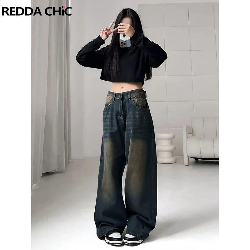 

REDDACHiC Colossus Green Джинсы для женщин Do Old с низкой талией Усы Потертые широкие брюки Повседневные брюки Ретро Skater Хип-хоп Уличная одежда