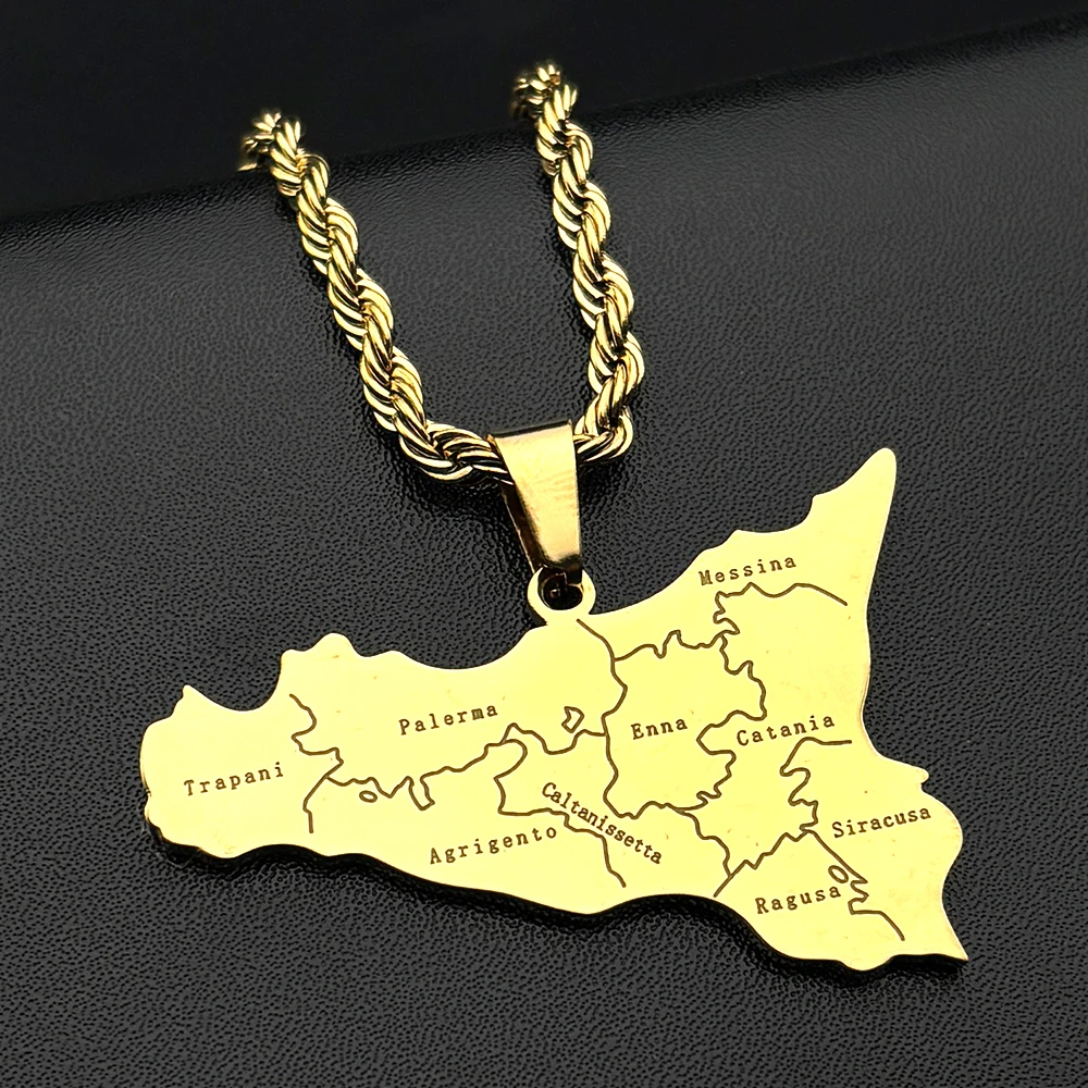 Sicily Island Map City Pendant Necklace for Men Women Stainless Steel Gold Silver Color Italy Hip Hop Cuban Chain Jewelry Gift