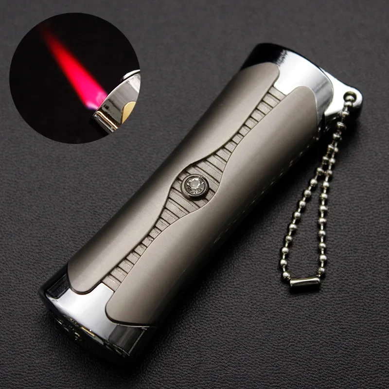 Portable Electroplated Metal Inflatable Lighter Windproof Jet Red Flame Wave Chain Diamond Inlaid Outdoor Lighter Men's Gift