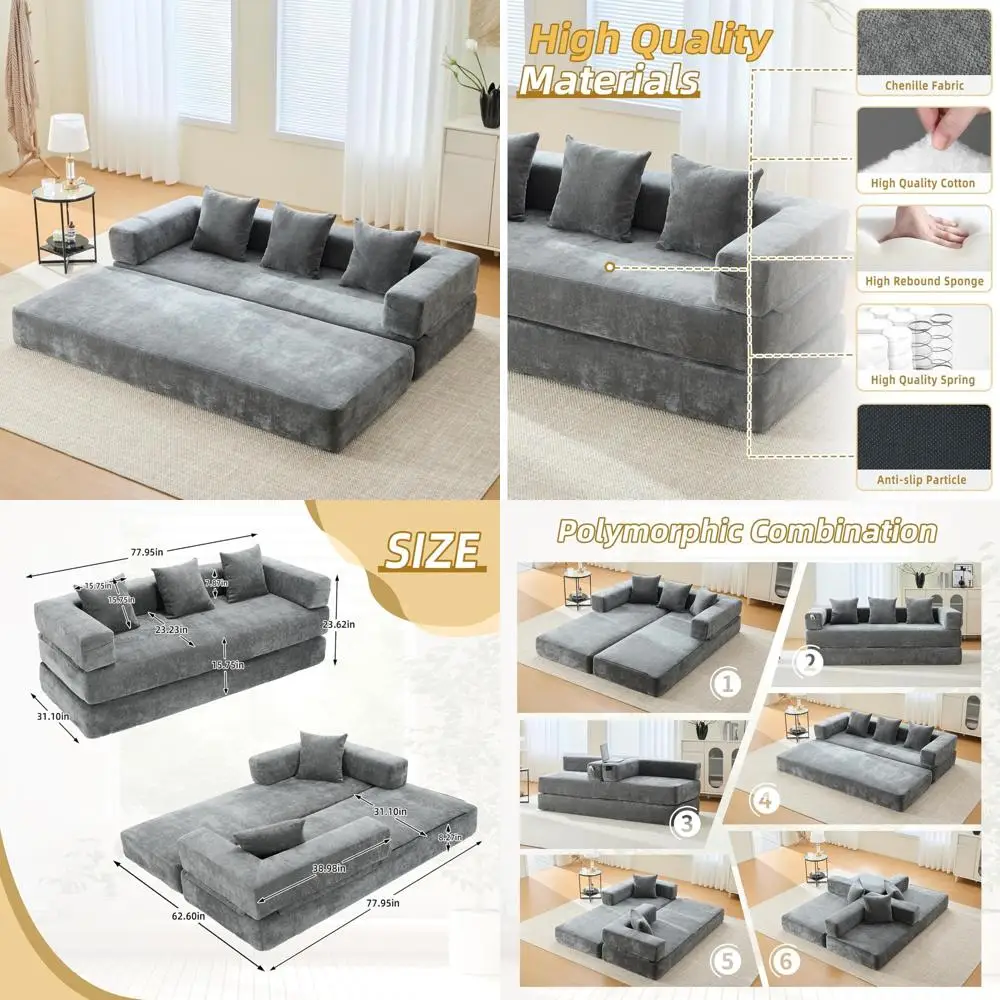Sofá cama convertible con almacenamiento, colchón plegable de chenilla, sofá de salón de piso para comodidad en la sala de estar