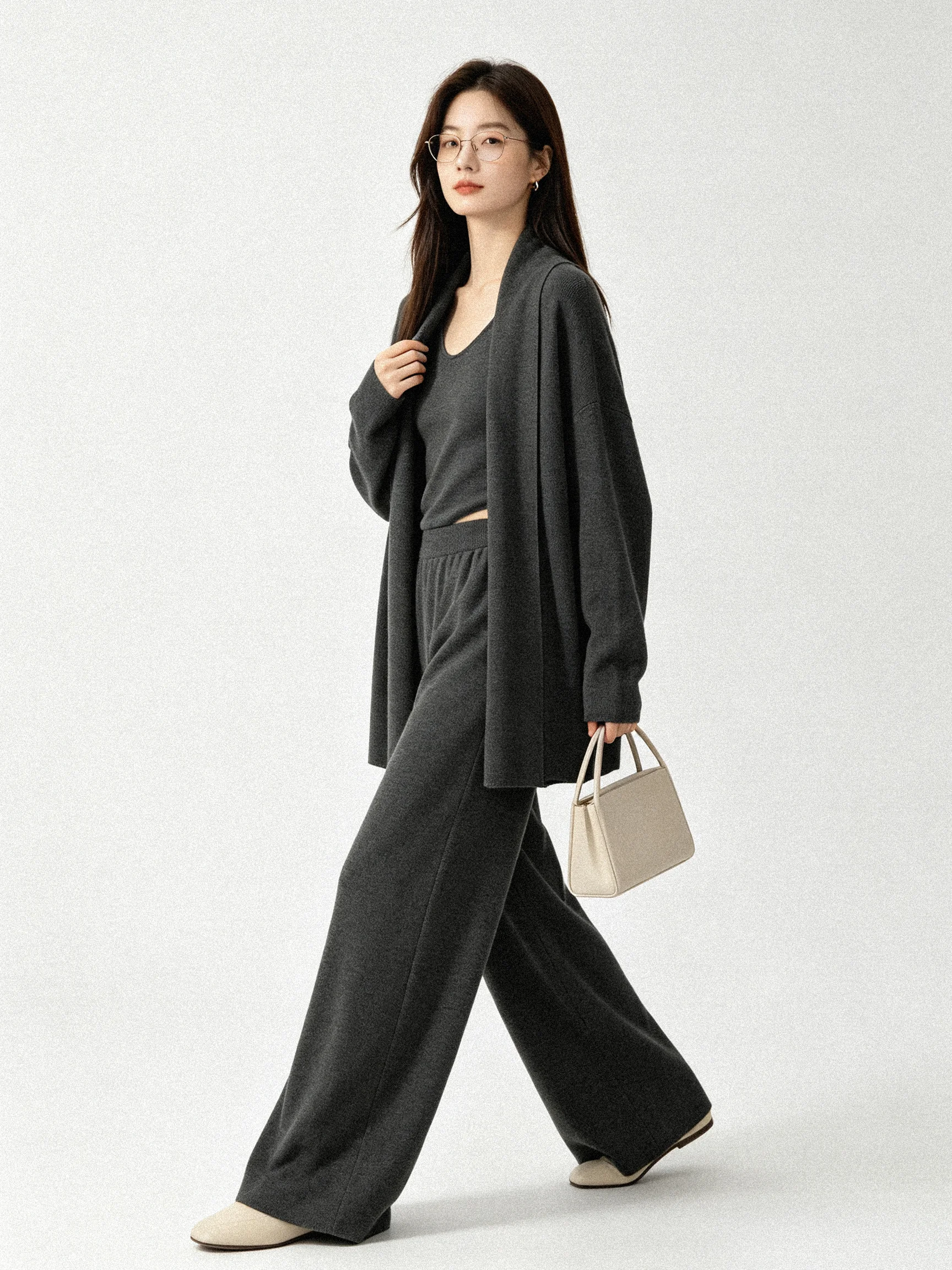 Korean Style Soft Knitted Mid-Length Open Cardigan Slimming Vest Strap Set Winter High Waist Wide Leg Pants Fashion Ensemble