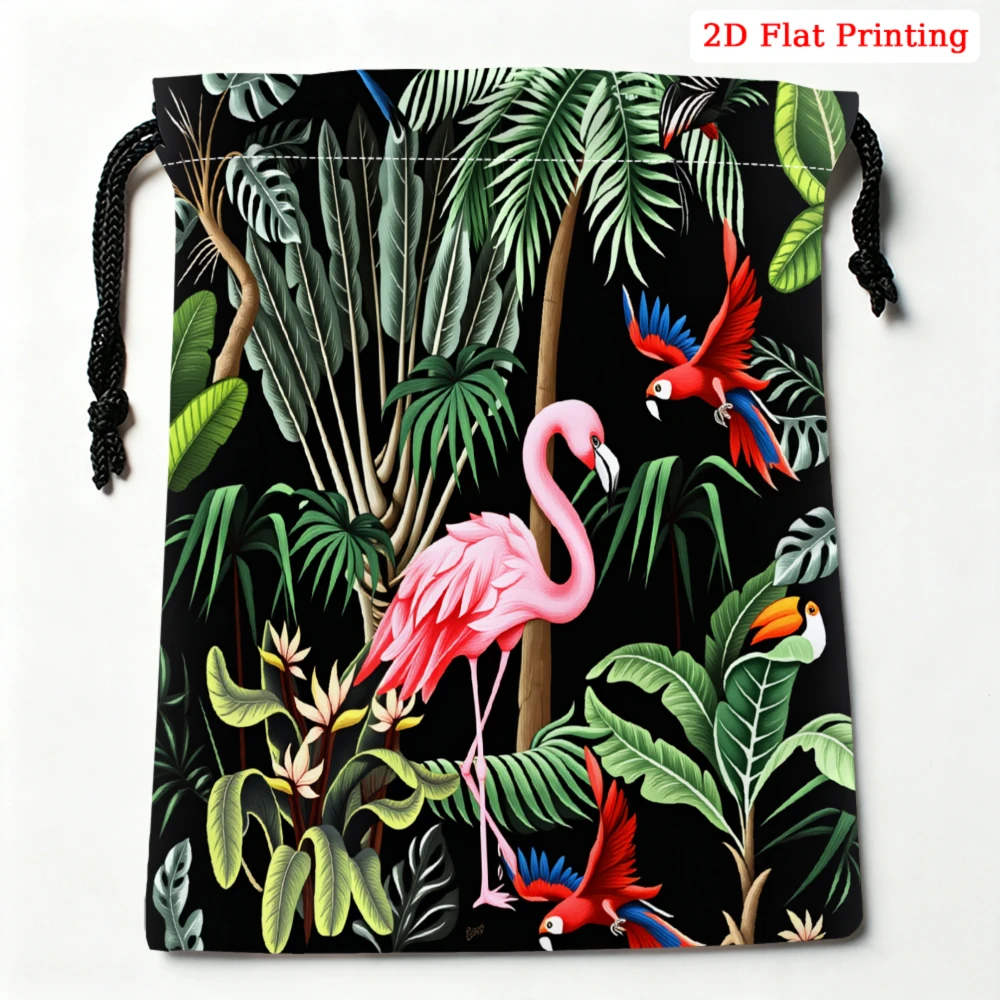1Pc Tropical Flamingo Print Drawstring Bag Black Storage Small Pouch For Travel Cosmetics Sunglasses Organizer Portable Gift