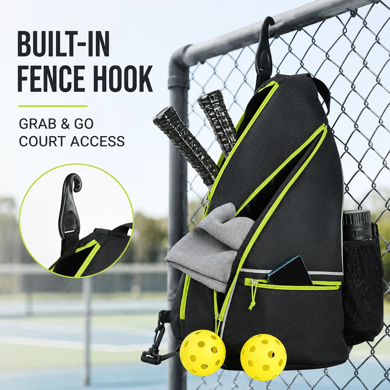 

Pickleball Backpack with Fence Hook, Large Capacity Paddle Bag with Shoe Compartment, Waterproof Sports Racket Bag for Men Women