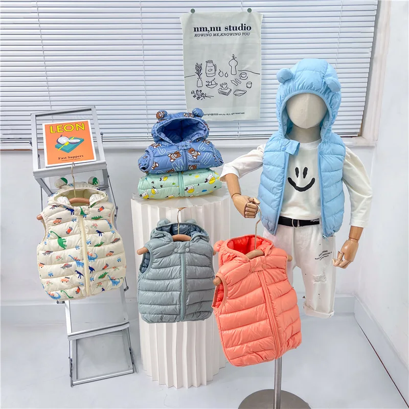 

2024 Winter Children Cartoon Hooded Vest Down Jacket Kids' Casual Trend Clothing Comfortable and Soft Cotton Jacket Clothing
