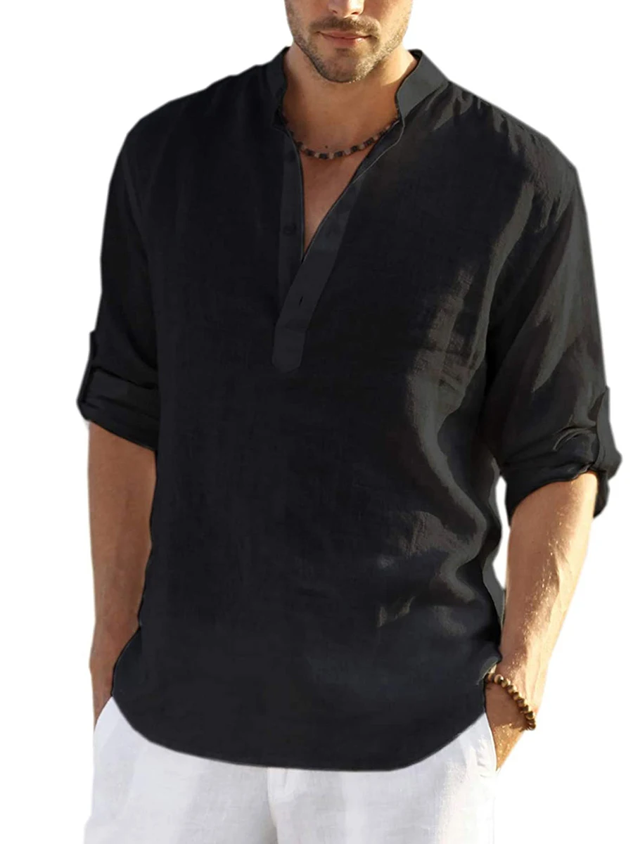 

Men s Casual T-Shirts Long Sleeve Band Collar Henley Shirt Tops