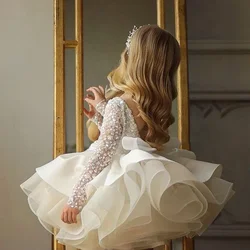 Formal Long Sleeve Sequins Lace Wedding Princess Dress Birthday Evening Bow Kids Dress for Girl Bridesmaid Children Fluffy Gown