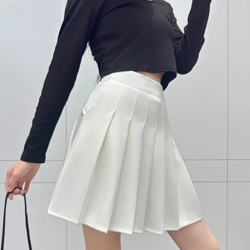 Pleated Skirt Elastic Waistband Preppy Style Skirt with Pockets Casual Summer Fashion Sweet Hottie College JK Black Women Skirt