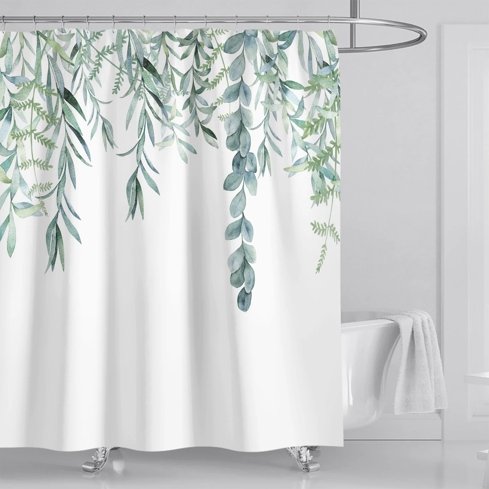 Watercolor Leaves on The Top Plant with Floral Bathroom Decoration Shower Curtain 180*180CM with Hooks