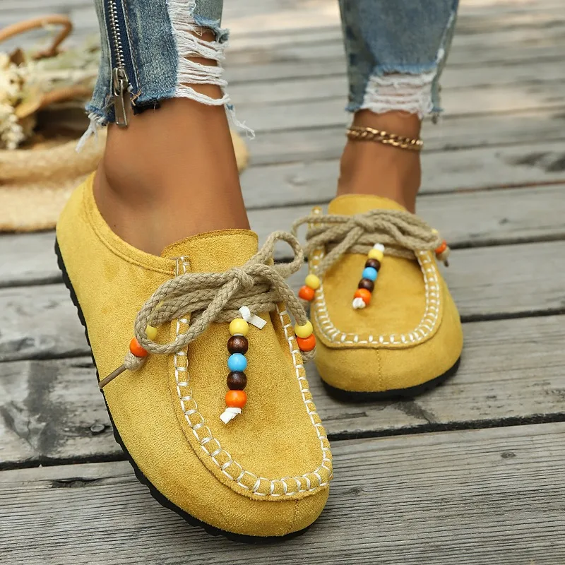 2026 Spring Fashion Lace-up Women's Closed-Toe Sandals Luxurious Round Toe Mules Comfortable Low-Cut Outdoor Beach Flat Slippers