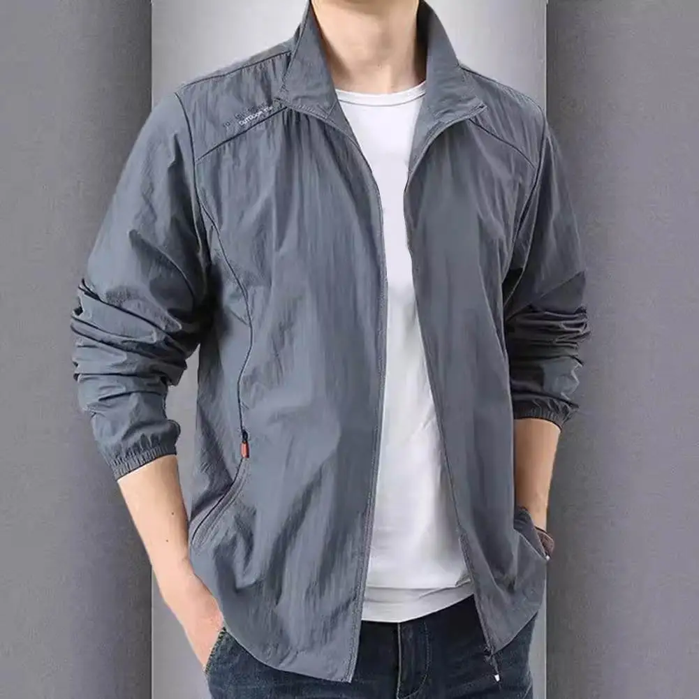 Men Breathable Jacket Men's Quick Drying Breathable Outdoor Fishing Jacket with Stand Collar Long Sleeves Zipper for Active