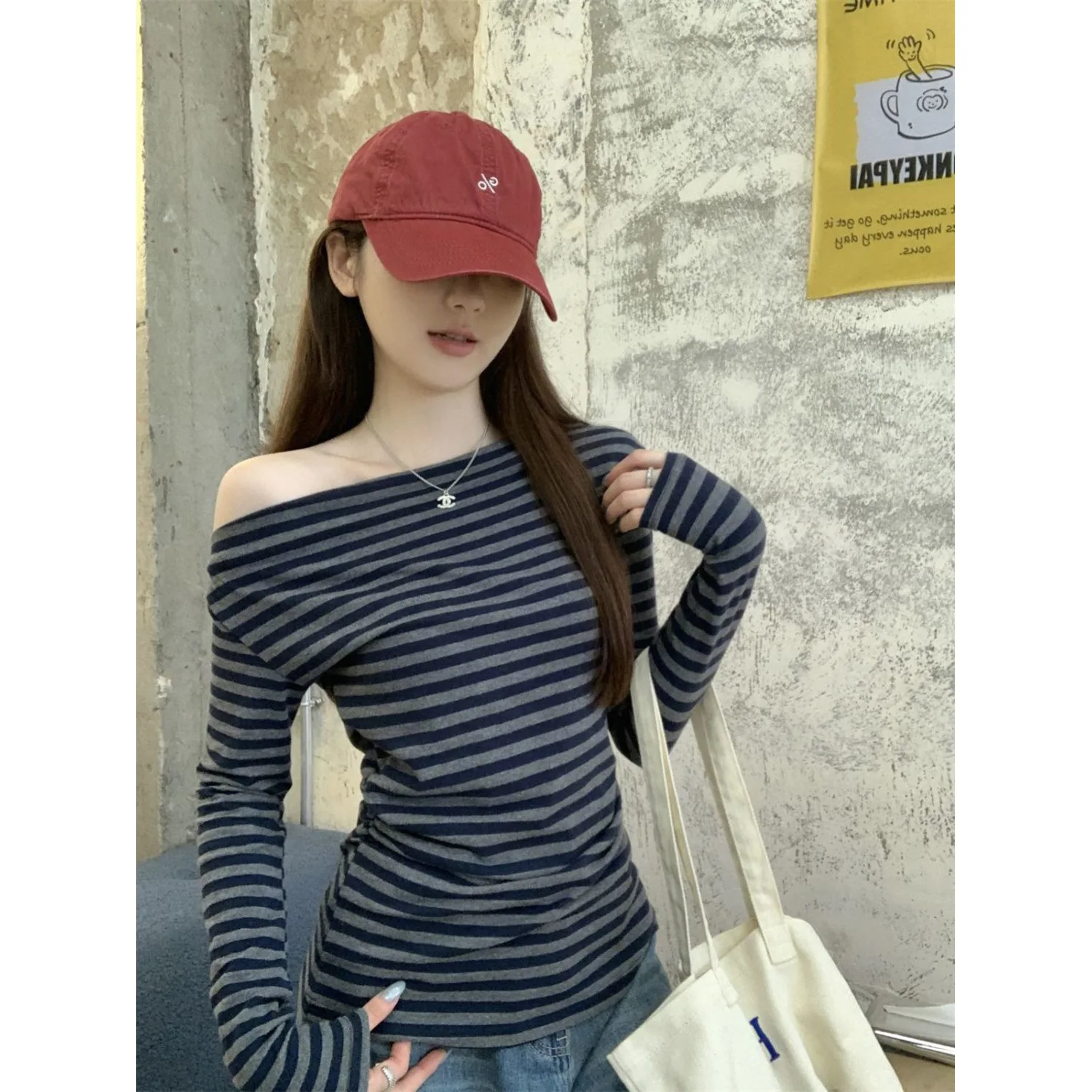 B Spring Fall Women's New Japanese Basic Models Slim Long-Sleeved Striped t-Shirt Strapless Korean Street Style y2k Thin Tops