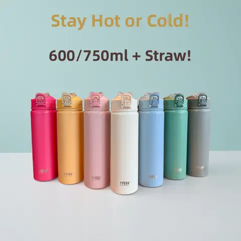 TYESO 600/750ML Thermos Bottle With Straw Stainless Steel Car Thermal Cup Sports Water Bottles Keeps Cold and Heat Thermal Mug