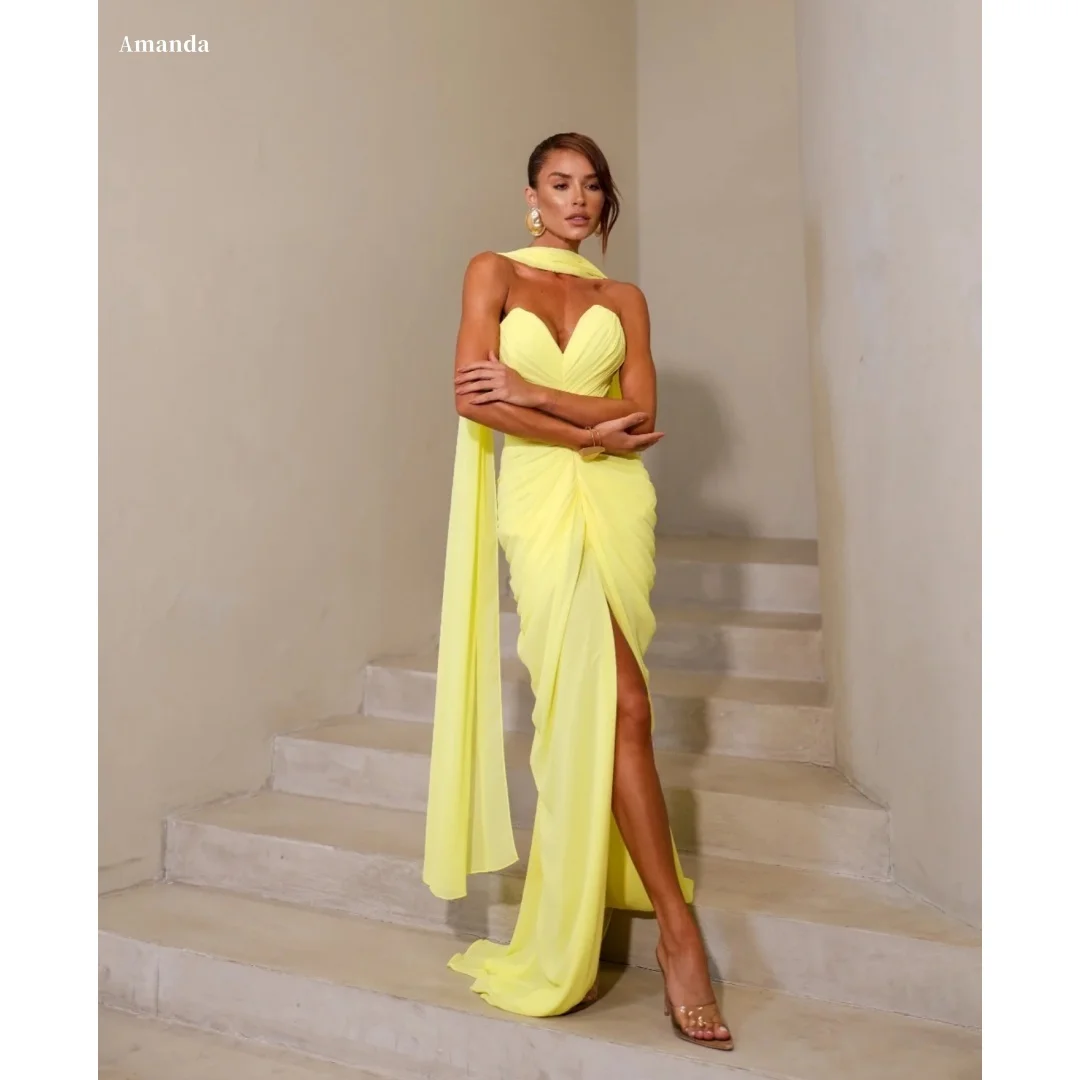 

Amanda Customized Lemon Yellow Halter Neck Prom Dress Chiffon Ruched High Slit Draped Sash Formal Evening vestidos de noche