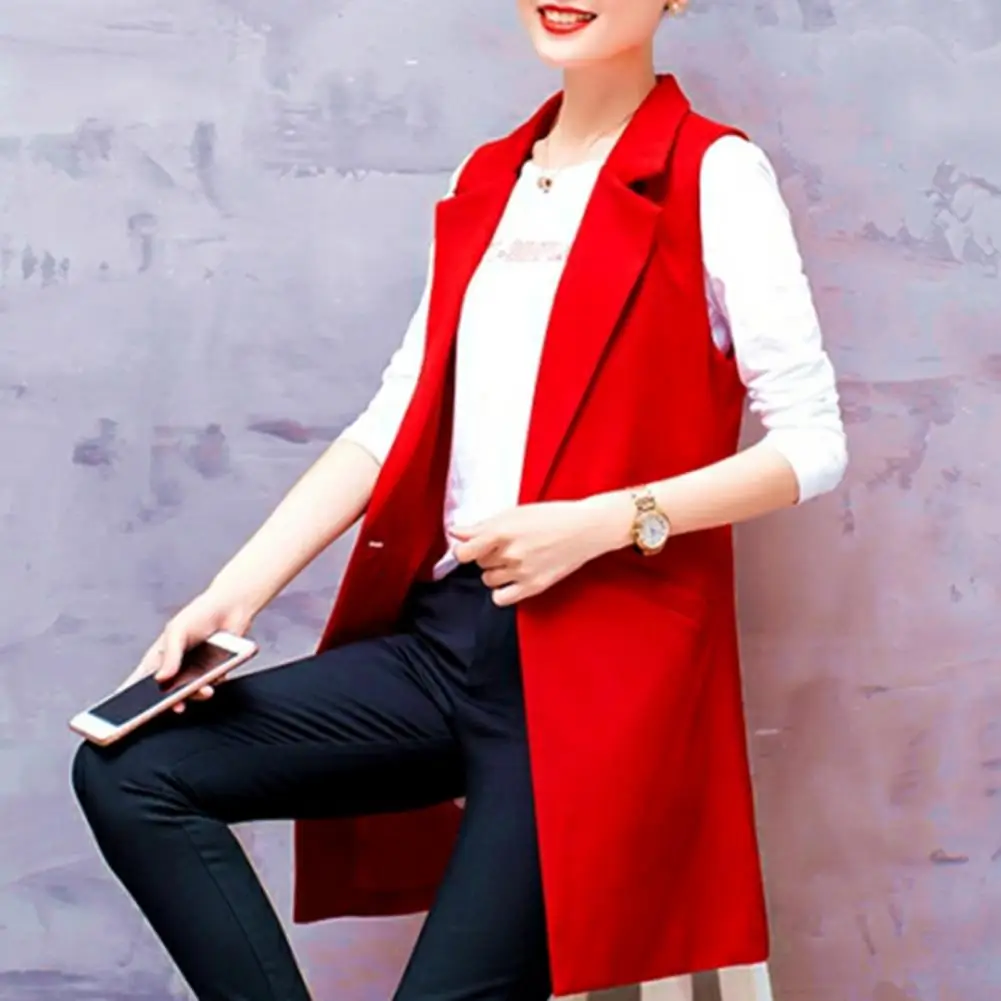 

V-neck Vest Jacket Elegant Sleeveless Women's Suit Coat with Single Button Thin Pocket Formal Ol Commute Style Lady for Work