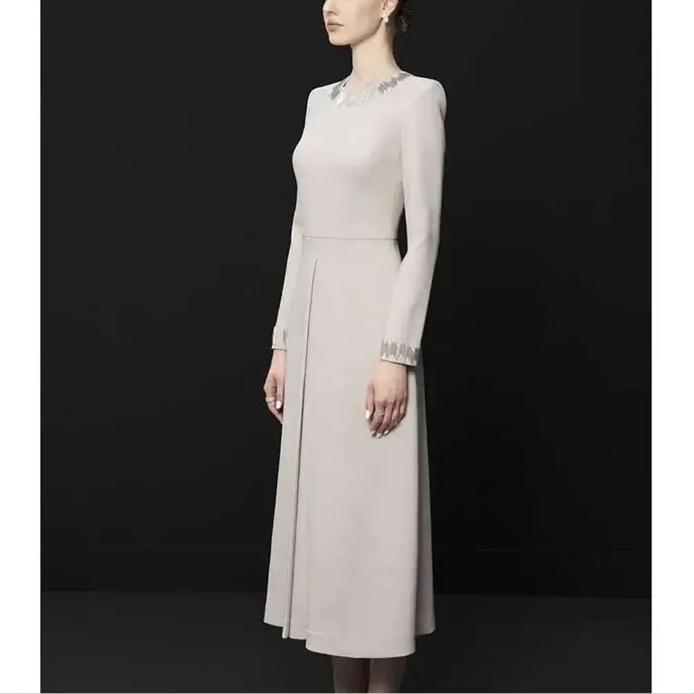 MOBEYE 2024O collar formal occasion dress long-sleeved evening dress tea length rhinestone straight high-end dress