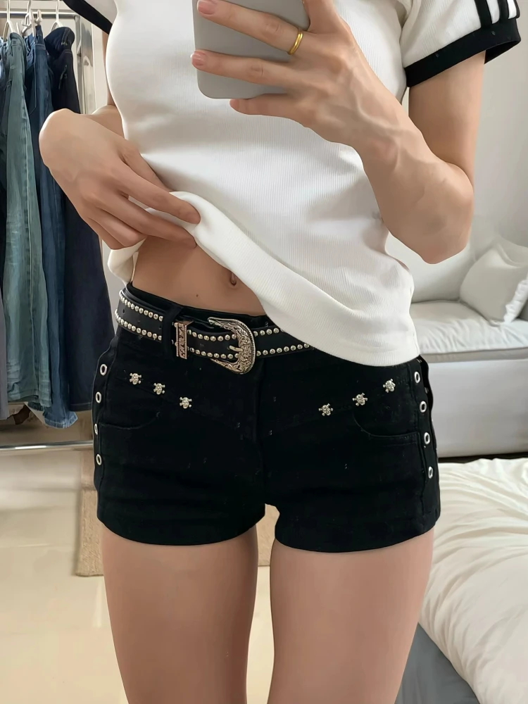 Low-Waist Black Sexy Girl Jeans Shorts Women's Rivet Design Slimming Tight-Fit Hot Pants Casual Style Summer Blue Denim Shorts
