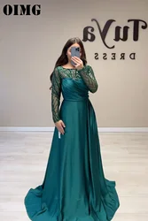 OIMG Exquisite Customized Long Sleeve Sequined Prom Dresses Saudi Arabic Women Satin Green  Gowns Occasion Formal Party Dress