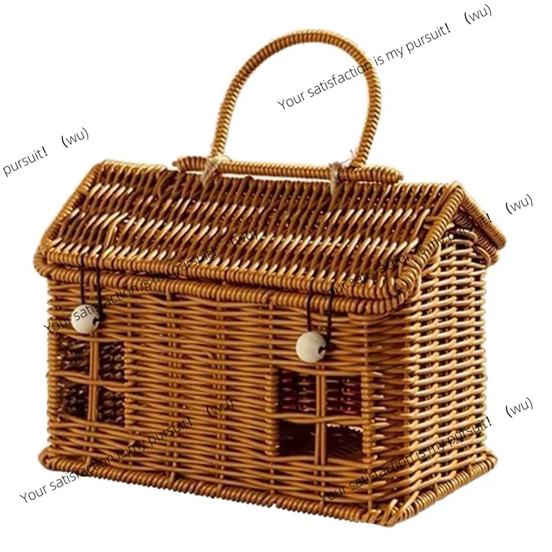 for Imitation Rattan House Shaped Basket with Lid, Decorative Hand Woven Shelf Organizer with Folding Handle