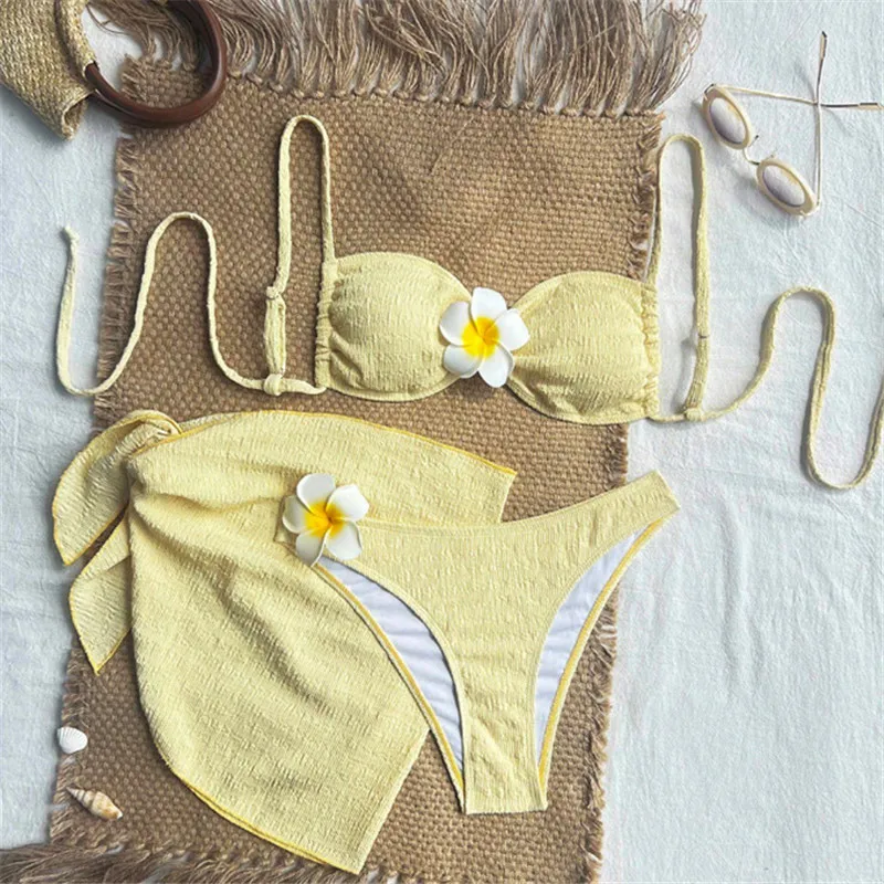 

3D Flower Bandeau Bikinis Sets 3 Pieces Solid Yellow Swimwears Cover Up Sexy Swimsuit Woman 2026 Holiday Beachwear Bather Bikini