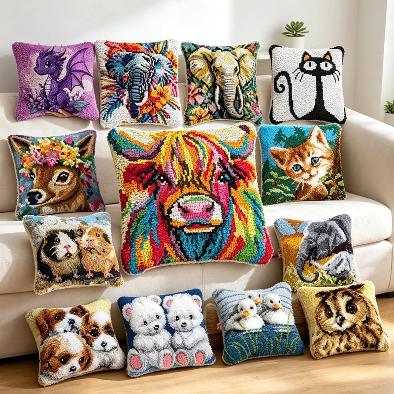 Dog Cat Dinosaur Cow Animal Latch Hook Cushion Smyrna Button Package Throw Embroidery Pillowcase Hook Kit Set For Needlework