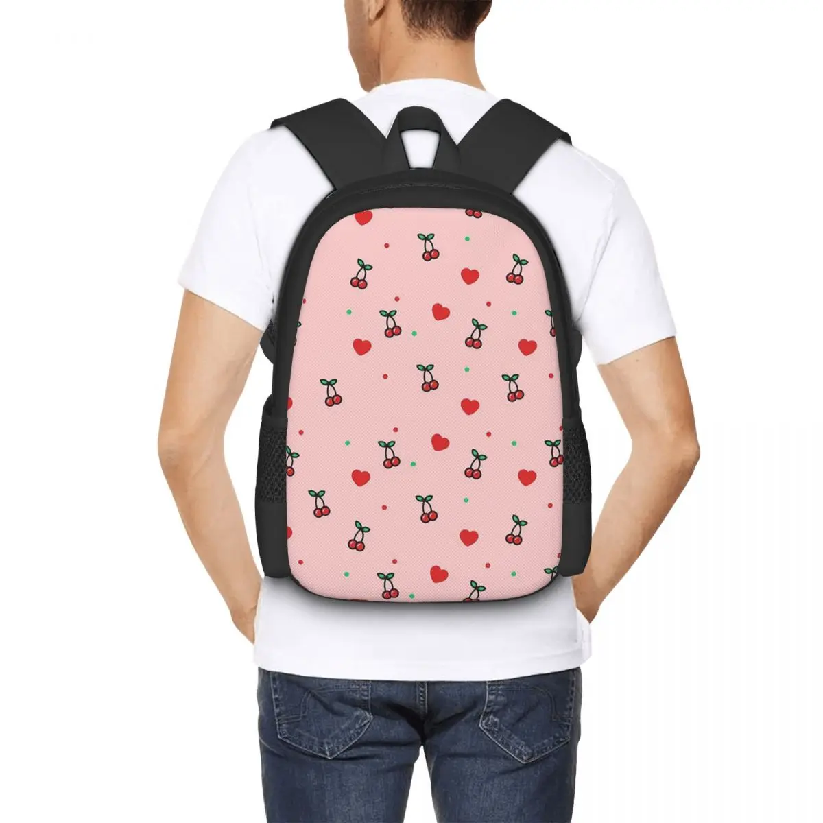Cherry Heart Design Pattern With Pink Background Student Backpack School Bag Hiking Travel Daypack for Bookbag Shoulder Bags