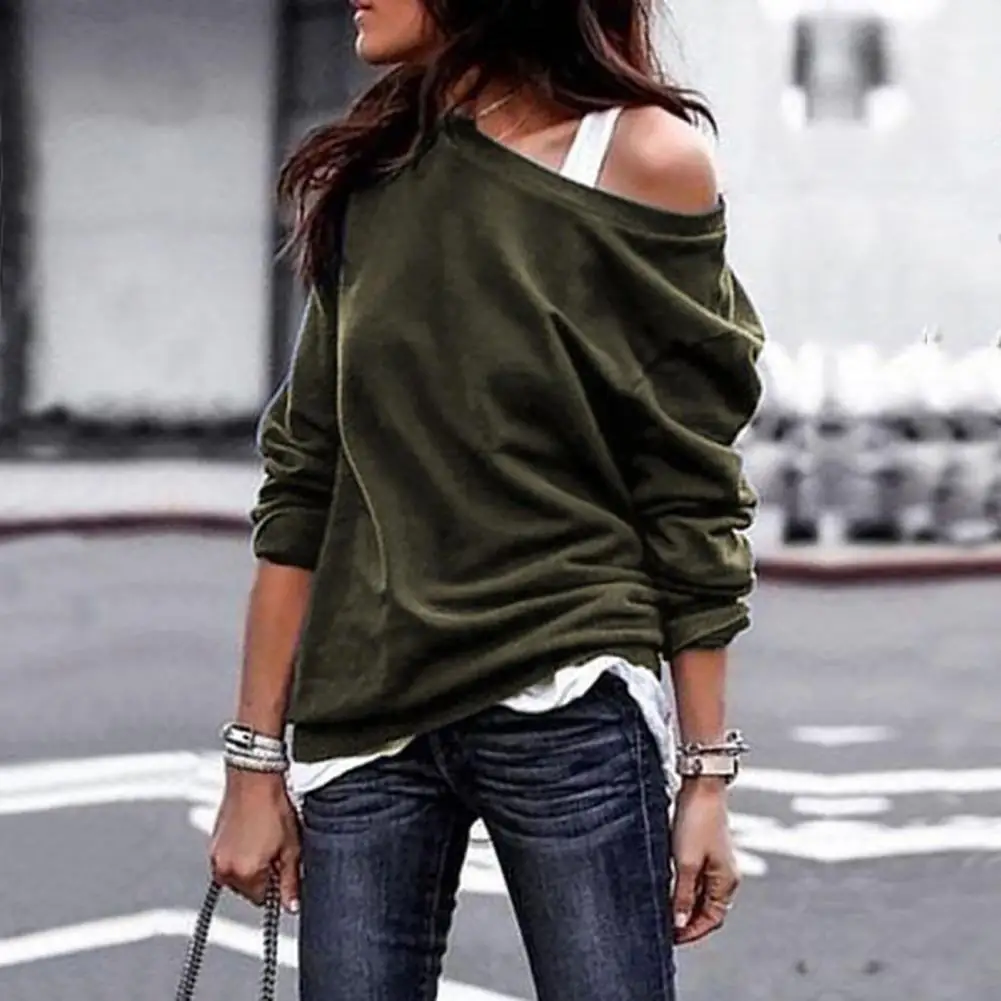 2022 Sexy Off Shoulder Women T-Shirt Autumn Long Sleeve Top Casual Solid Color T-Shirts Fashion One Shoulder Loose Warm Pullover