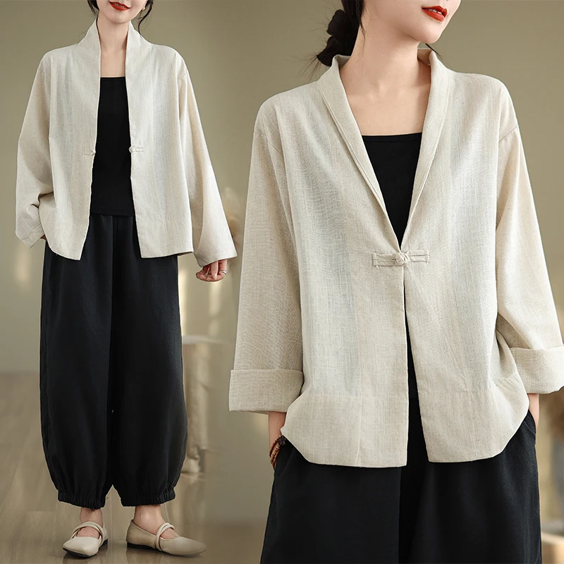 

Новый китайский хлопково-льняной открытый кардиган с v-образным вырезом, весенне-осеннее льняное пальто в стиле ретро в национальном стиле с высоким художественным вкусом