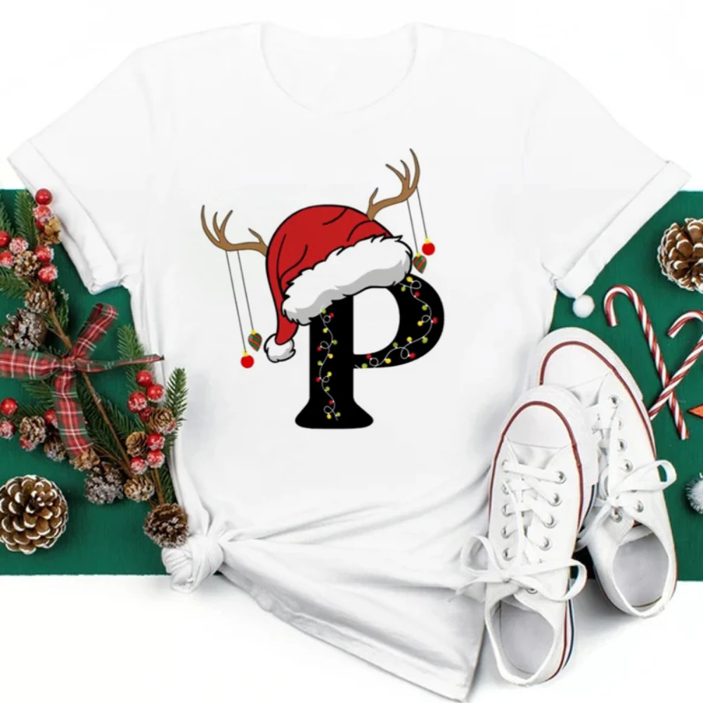 Cappello natalizio Lettere dalla A alla Z Maglietta oversize Attività di riunione di famiglia natalizia Camicia a maniche corte Moda streetwear oversize