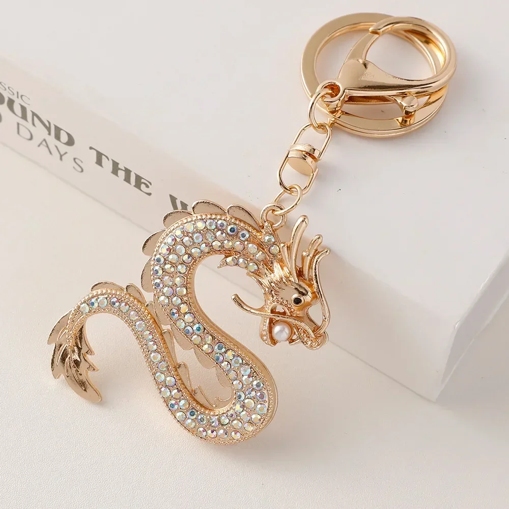 Chinese Year of The Dragon Keychain Cute Car Key Chain Women Bag Accessories Key Ring  Rhinestones Metal Pendant 2024