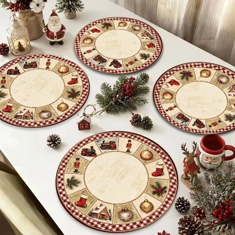 VIKAMA Cream Christmas Icons Plaid Round Placemat, 3 Designs, Table Mat for Kitchen Dining Party