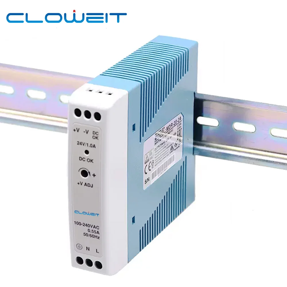 Cloweit MDR-20 Serie MDR-20-5 MDR-20-12 MDR-20-15 MDR-20-24 Schienentyp 20W Schaltnetzteil 5V 12V 15V 24V Dünnwandiges Kunststoffgehäuse