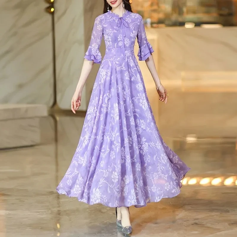 فستان نسائي صيفي جديد موديل 2025 بمزاجية ذات خصر عالٍ ونحيف نصف كم فستان شيفون أرجواني فاتح فرنسي مزين بالزهور #3