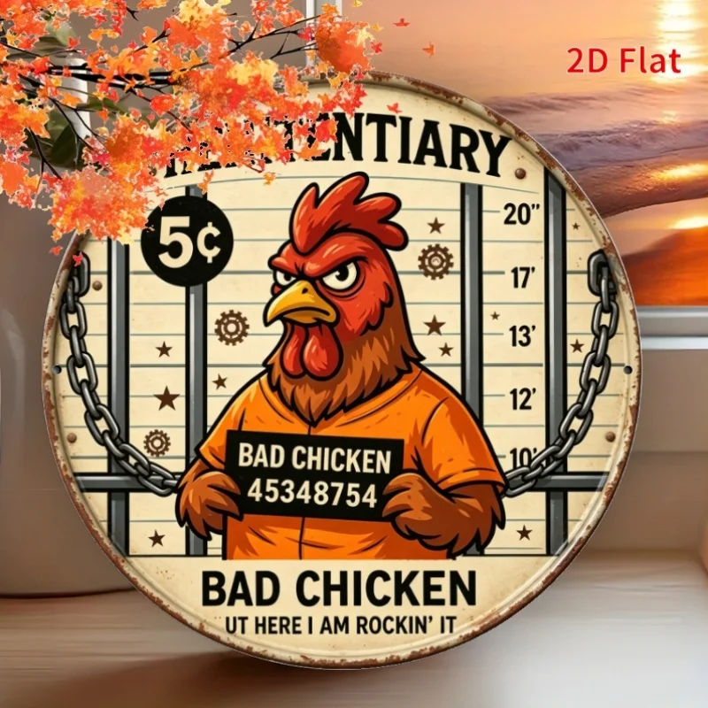 Henitentiary Bad Chicken Metal Sign, Funny Prison Rooster Wall Decor, Farmhouse Round Tin Plaque