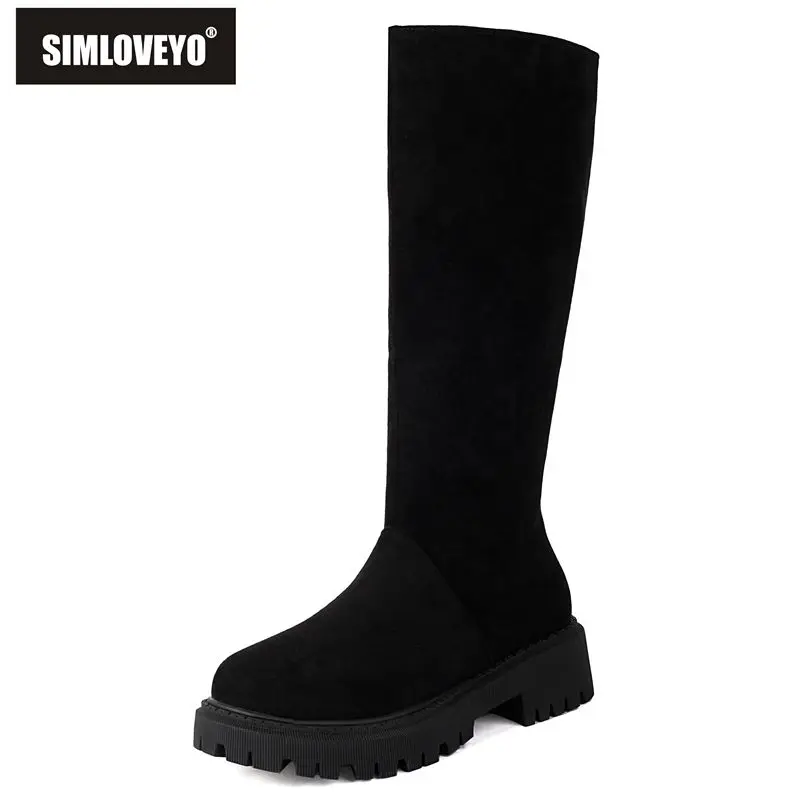 SIMLOVEYO Flock Women Boots Round Toe Thick Heels 4.5cm Platform 2.5cm Size 44 45 Leisure Soft Daily Knee Bota