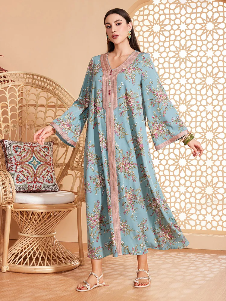 Ramadan Abaya Muslim Women Floral Print Long Maxi Dress Turkey Kaftan Dubai Arabic Robe Morocco Eid Party Islam Caftan Jalabiya