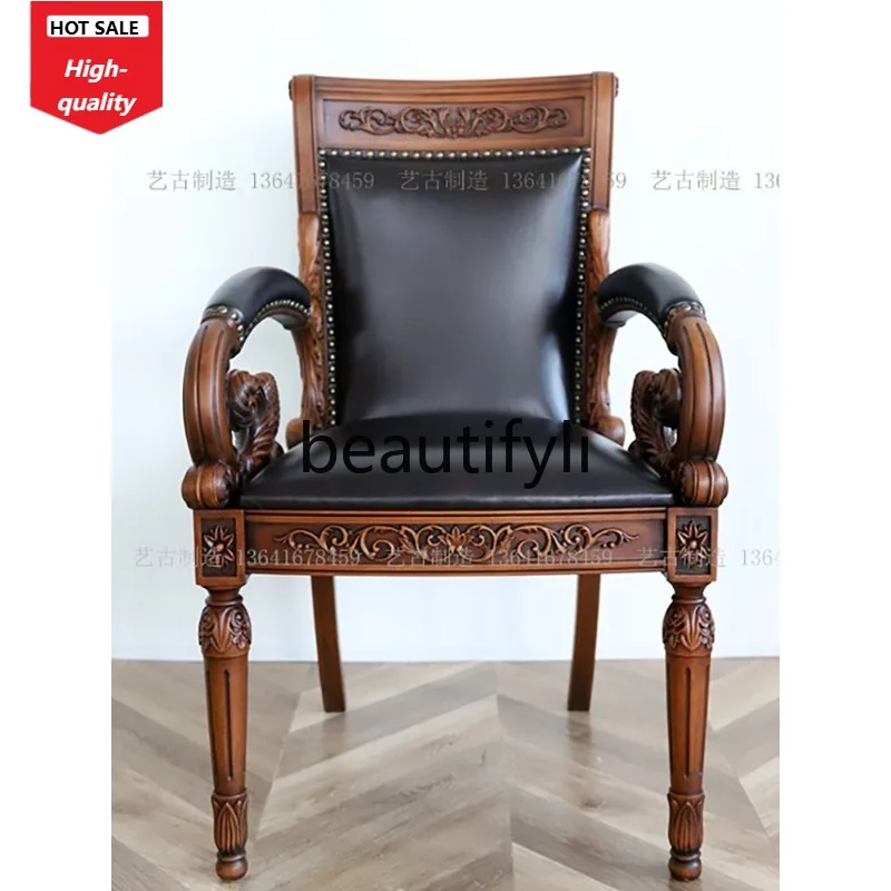 

French Style Solid Wood Classic Study Armrest Computer Chair European Style Villa Decoration Vintage Design Dining Chair