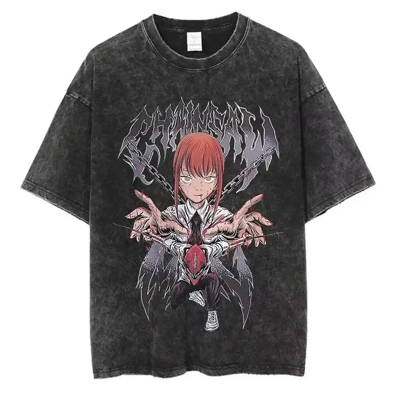 Chainsaw Man Denji White Metal Graphic T Shirt 2026 Summer Washed Black Unisex Loose Fit Short Sleeve Streetwear Anime Tee view 2