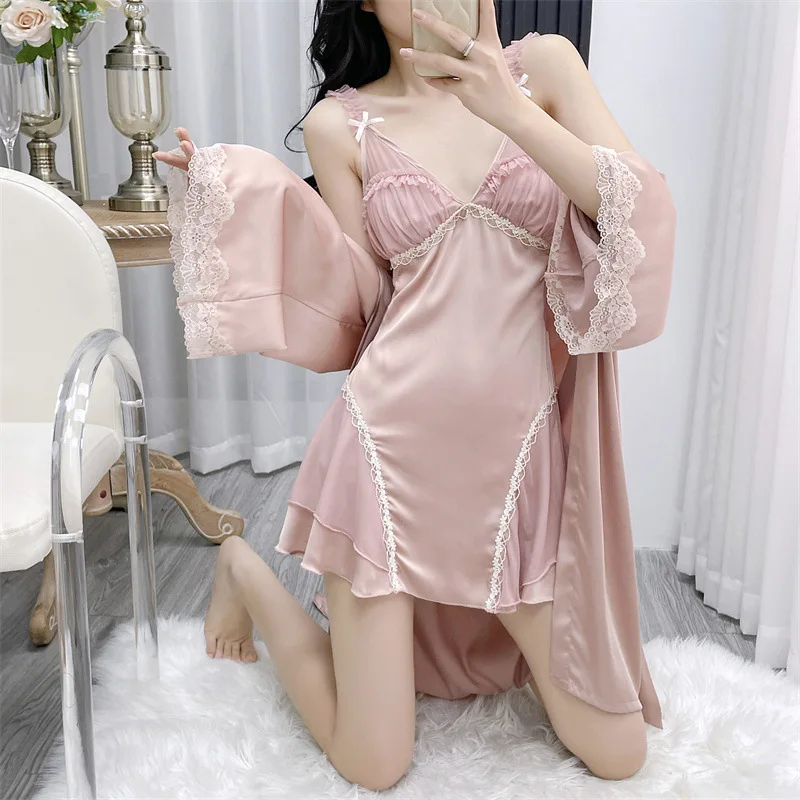 Sexy Lace Suspender Nightgown Sleepwear Summer Kimono Bathrobe Gown Satin Nighty&Robe Set Loose Home Dress Loungewear