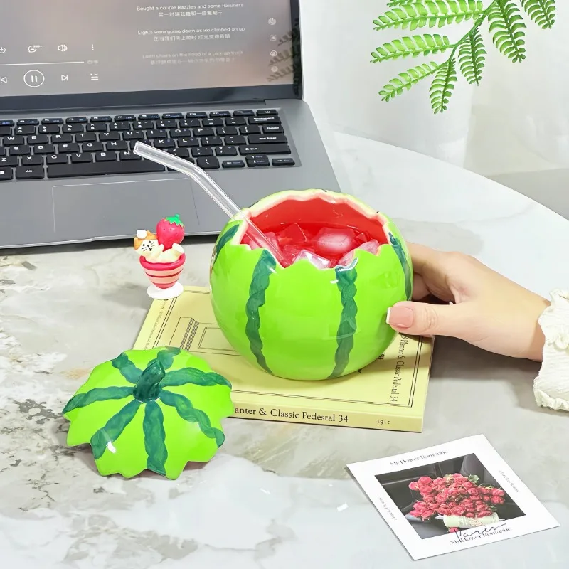 Watermelon Shaped Ceramic Mug with Lid Cute Coffee Cup Office Drinking Cup Artistic Decoration Mug Household Drinking Utensil