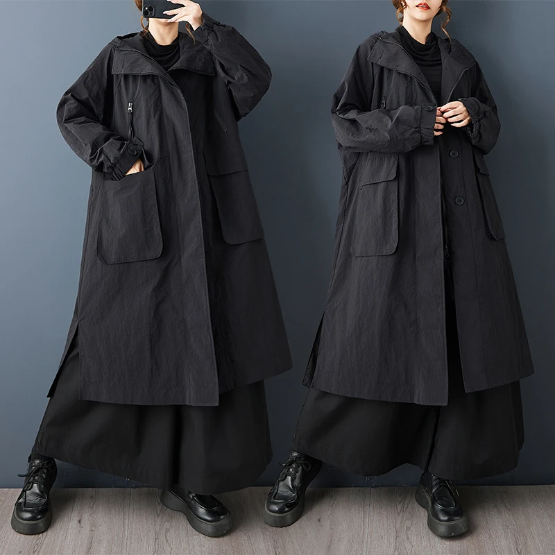 

K Sle, двухслойное свободное утягивающее пальто средней длины с капюшоном, осеннее модное новое поступление, женская повседневная ветровка