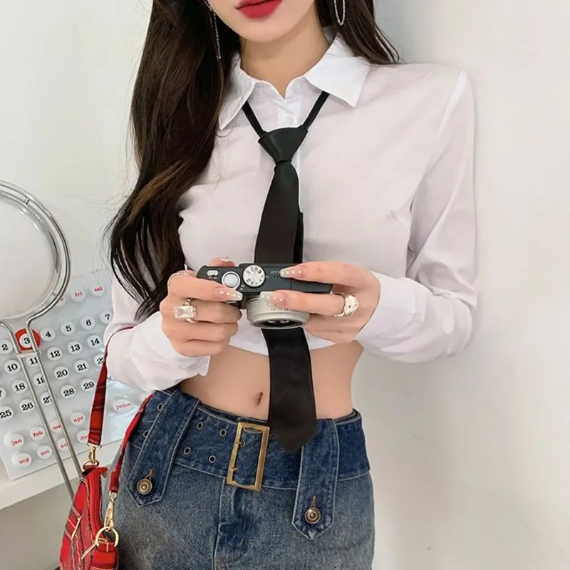 Lucyever Korean White Cropped Shirt for Women Sexy Slim Preppy Style Jk Tie Blouses Woman 2025 Spring New Long Sleeve Shirts