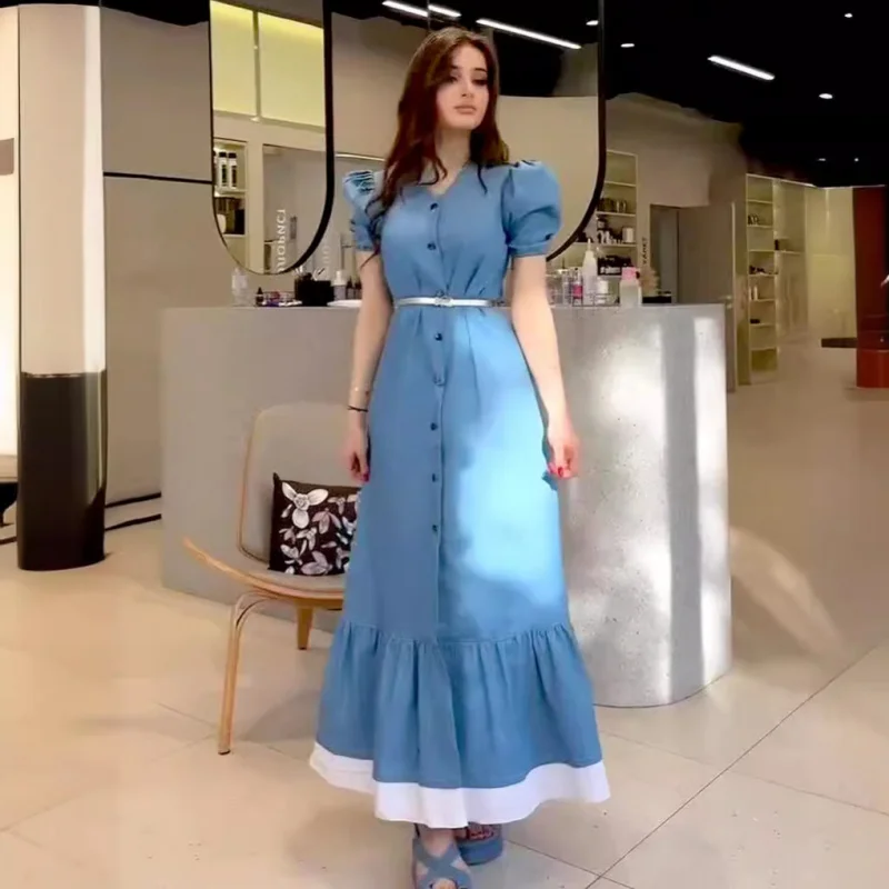 Summer Gentle First Love Style Slim Waist Button Slimming Lace Long Dress