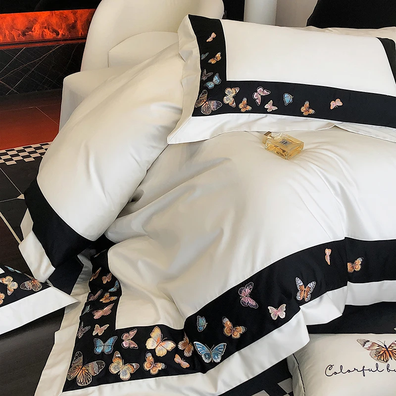 White Egyptian Cotton Bedding Set Luxury 4pcs Colorful Butterfly Embroidery Duvet Cover Bed Sheet Pillowcase Home Textile