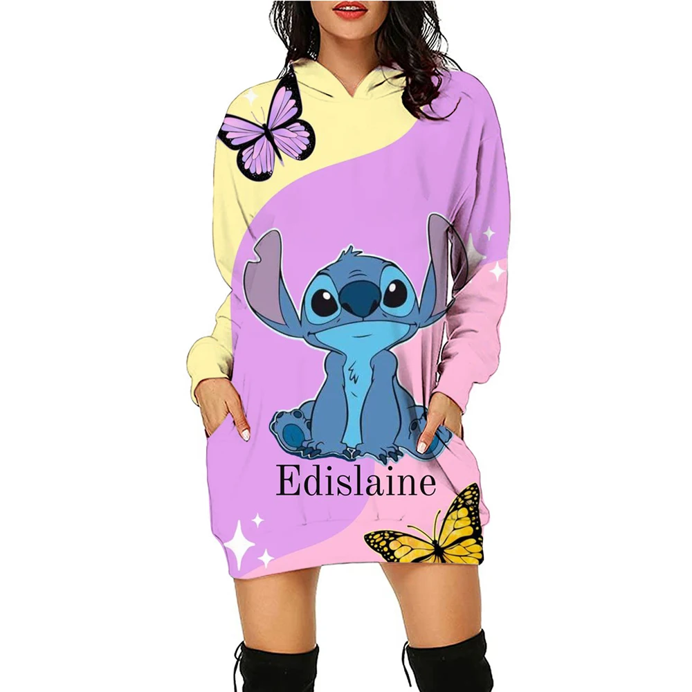 Kawaii Disney Stitch Women\'s Hoodies Dress Ladies Fashion Leisure S-3XL Youthful Woman Clothes Lovely Black Hoodie Winter Y2k